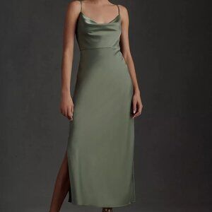 Anthropologie BHLDN Cali Satin Cowl-Neck Midi Slip Dress, Moss